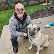 dog walker Greg and a dog.